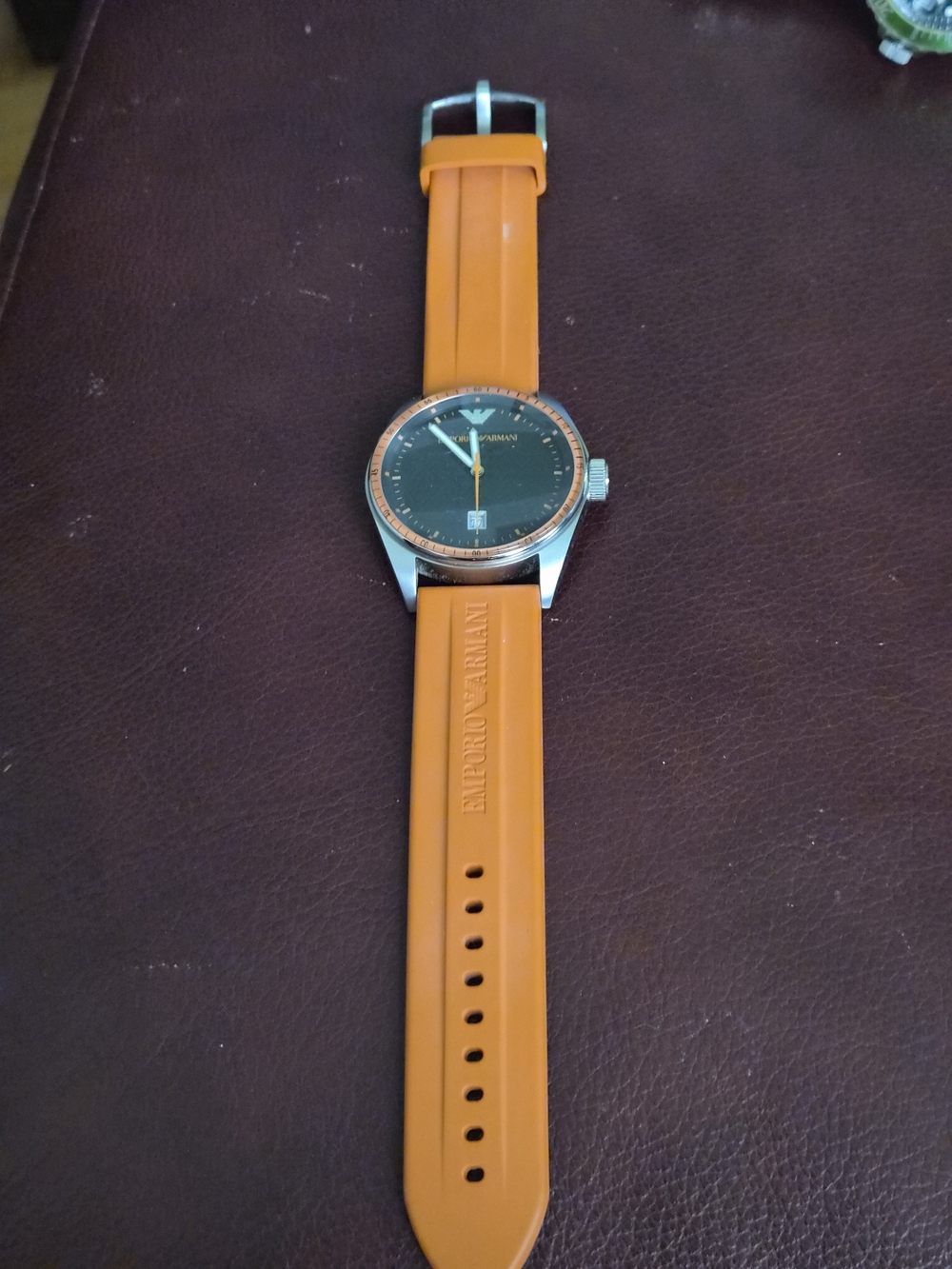 Emporio Armani AR-0526 Orange Rubber Strap Watch | Stainless Steel Date Watch